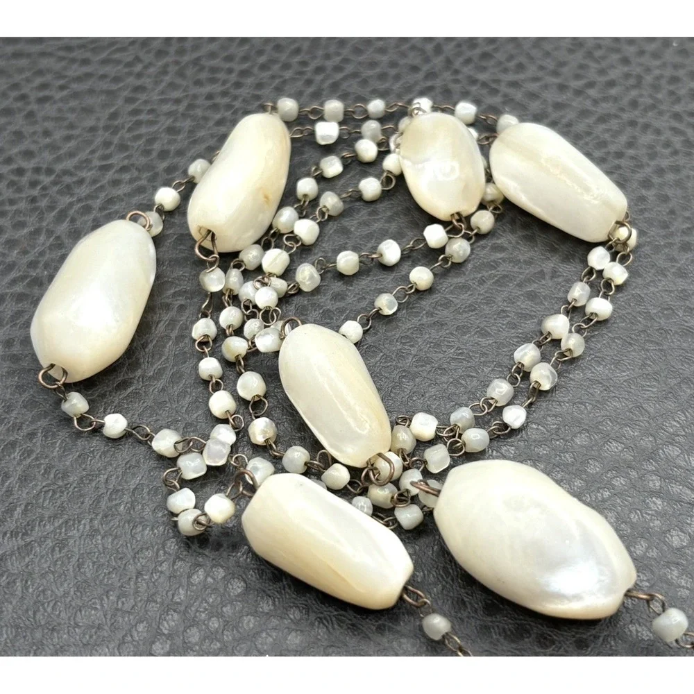 VTG ART DECO FLAPPER NECKLACE MOTHER OF PEARL NUGGET BEAD TASSEL TIE LARIAT 42